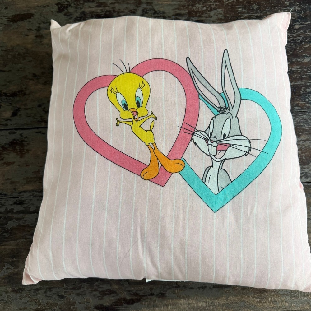 Vintage 1996 Warner Bros Looney Tunes Bugs Bunny Tweety Sylvester Pink Pillow